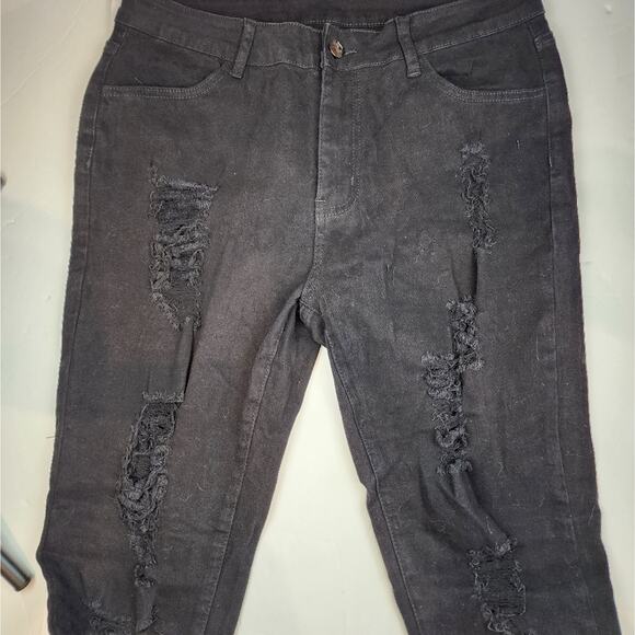 New Black High Rise Stretch Jeans Distressed Skinny Ripped Size L - Picture 4 of 8